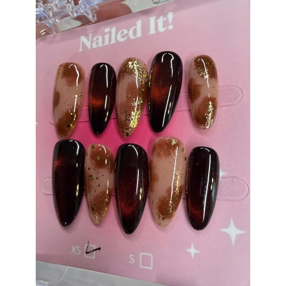 Nailed It! Press On Nails XS Burgundy Cat Eye Gold Flake Marble Almond Shape